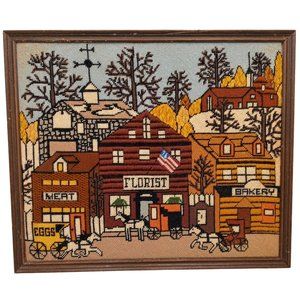 Vintage Main Street Wall Art Needlepoint Fiber Embroidered Decor Framed 1980s